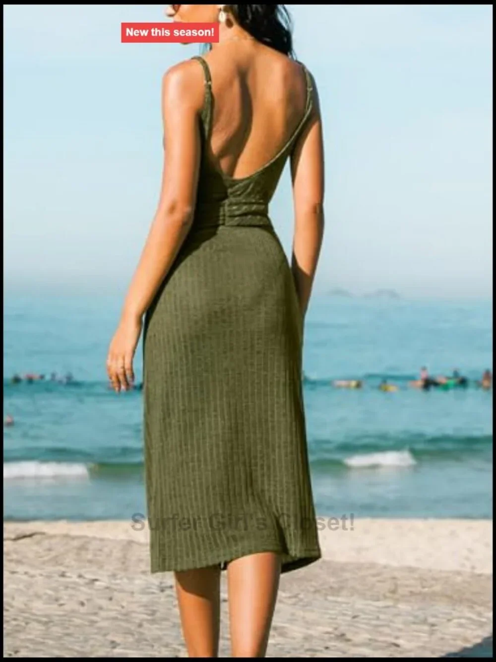 Ribbed Backless Square Neck Midi Beach Cover Up Dress